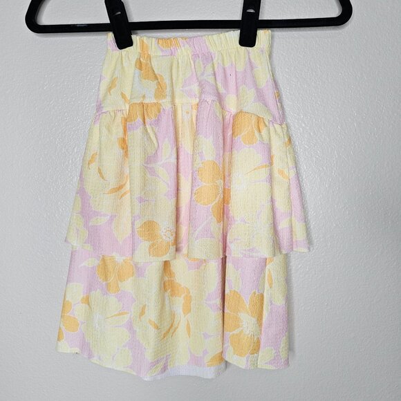 Zara Girls 6 7 Midi Skirt Pink Yellow Floral Tiered Feminine Summer Church - Picture 2 of 3